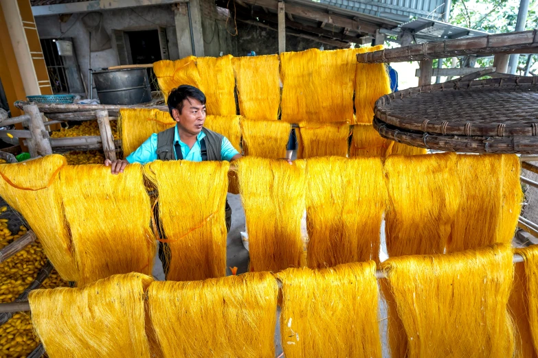 a man standing next to a pile of yellow yarn, by Sam Dillemans, pexels contest winner, silk tarps hanging, in style of lam manh, avatar image, small manufacture