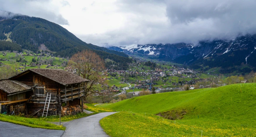 a wooden house sitting on top of a lush green hillside, by Otto Meyer-Amden, pexels contest winner, renaissance, panoramic view, villages, slide show, walking down