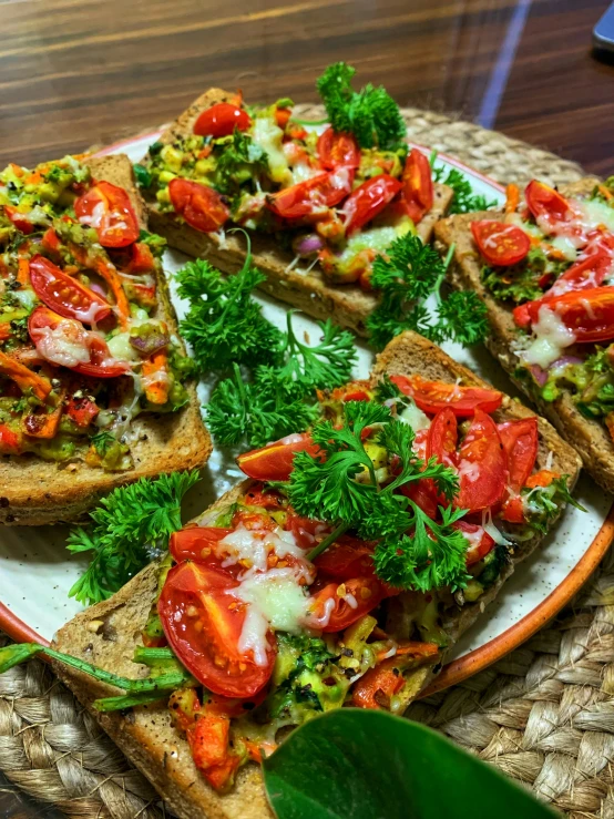 a close up of a plate of food on a table, also one tomato slice, profile image, loaves, multiple stories