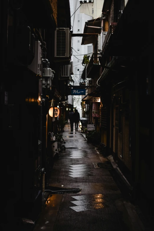 a narrow alley with a clock tower in the distance, unsplash contest winner, shin hanga, humid evening, faceless people dark, tokyo izakaya scene, black