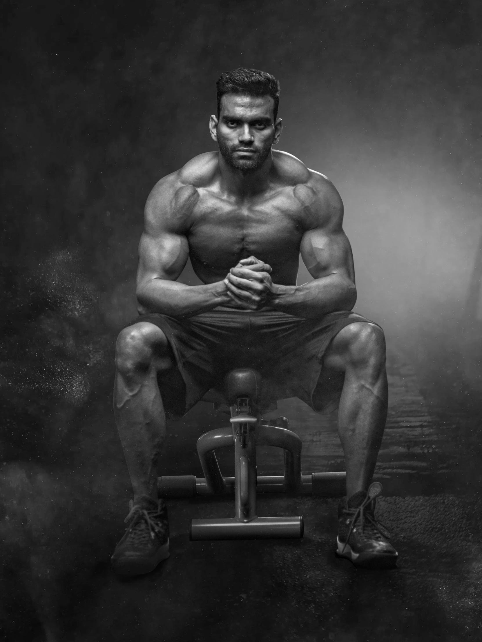 a man sitting on a bench in the fog, a black and white photo, by Adam Marczyński, mannerism, lifting weights, promo image, good looking face, sitting on a stool