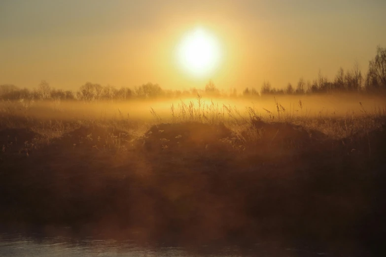 the sun is setting over a body of water, by Jan Tengnagel, pexels contest winner, romanticism, light orange mist, marshes, bright sun ground, cold mist