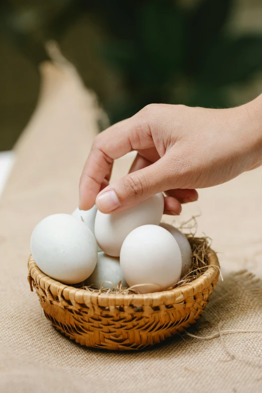 a person putting eggs in a basket on a table, by Jan Tengnagel, trending on unsplash, renaissance, organic ceramic white, close up details, spheres, close-up photo