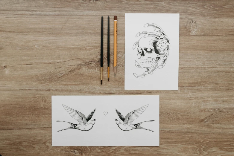 a drawing of a skull and two birds, an ink drawing, trending on pexels, modern european ink painting, art set, on a wooden desk, art bundle, tattoo style