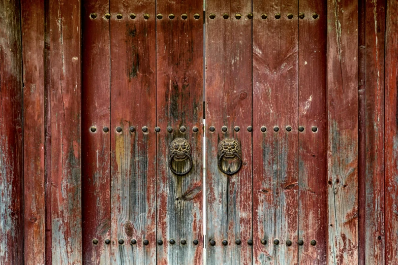 a close up of a door on a building, by Sven Erixson, pexels contest winner, cloisonnism, red brown and grey color scheme, two wooden wardrobes, beaten, qing dynasty