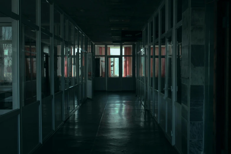 a long hallway with lots of glass doors, inspired by Elsa Bleda, unsplash contest winner, in a decayed hospital room, dark hazy room, an scp anomalous object, detention centre