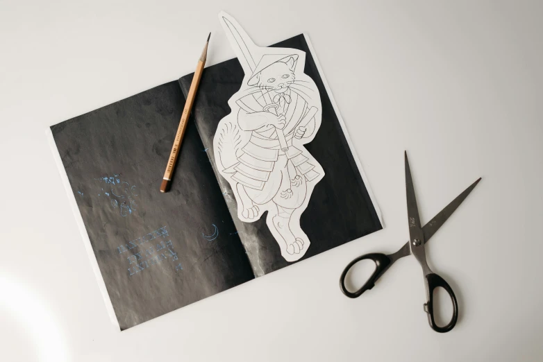 a pair of scissors sitting on top of a piece of paper, an ink drawing, inspired by Kanō Hōgai, featured on behance, process art, pop up parade figure, coloring book page, die - cut sticker, kitsune inspired armor