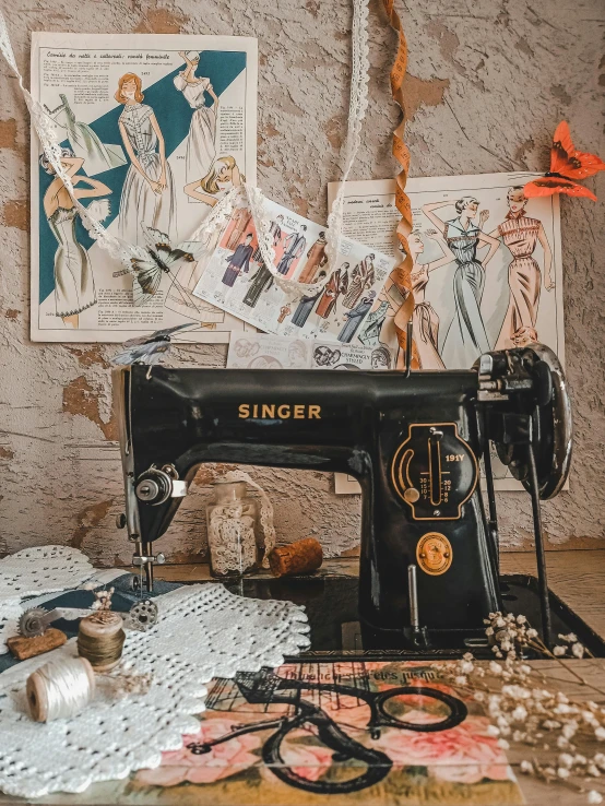 a sewing machine sitting on top of a table, by Julia Pishtar, trending on pexels, arts and crafts movement, witchy clothing, vintage clothing poster, mixed media photography, contest winner 2021