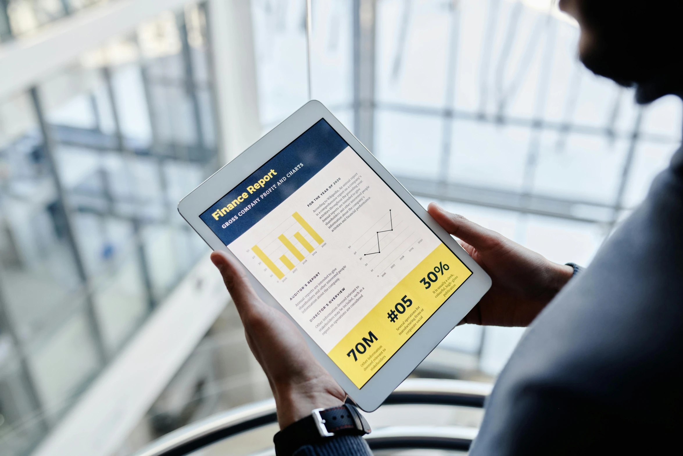 a person holding a tablet with a chart on it, by Matthias Stom, trending on unsplash, blue and yellow theme, medium shot portrait, thumbnail, bustling