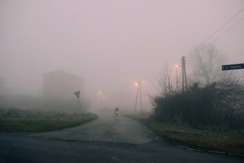 a person riding a bike on a foggy road, inspired by Elsa Bleda, realism, abandoned town, ((mist)), michal mraz, grey