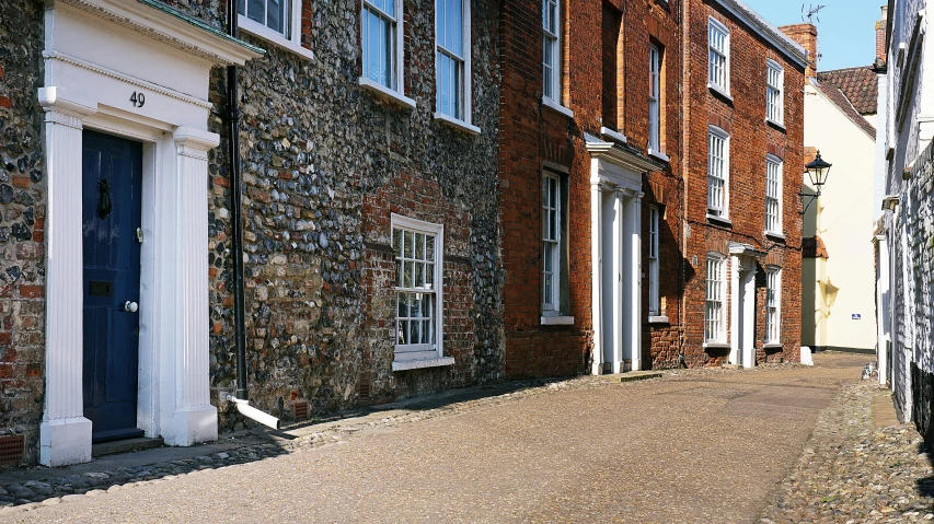 a black and white bird sitting on a cobblestone street, inspired by Stanley Spencer, unsplash, arts and crafts movement, house windows, red bricks, standing outside a house, regency-era