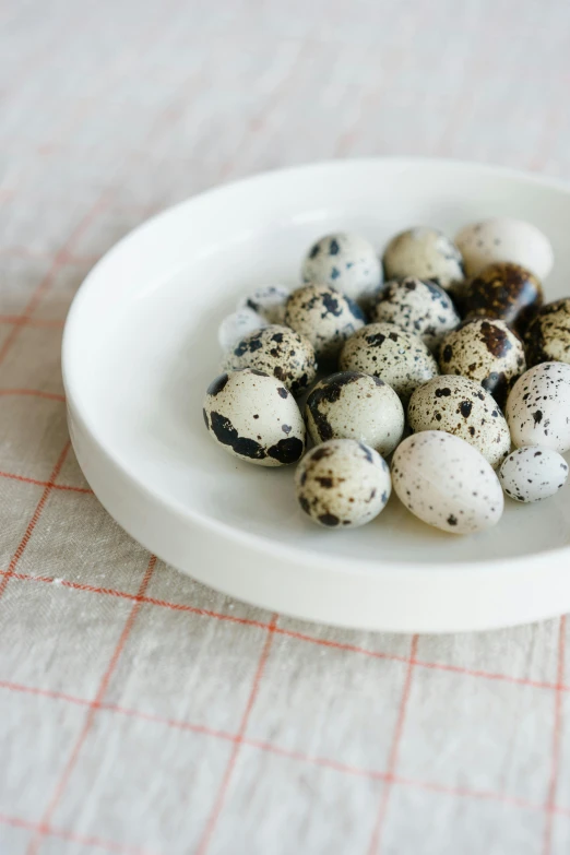 a white plate topped with eggs on top of a table, by Elizabeth Charleston, mingei, seeds, white with black spots, a small, eora