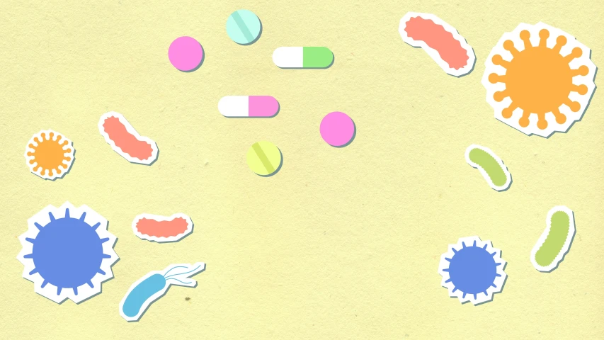 a bunch of stickers sitting on top of a table, an illustration of, inspired by Emiliano Ponzi, trending on pexels, pills and medicine, bacteria, pastel faded effect, motion graphic