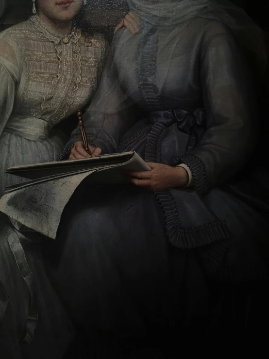 a painting of two women sitting next to each other, a detailed painting, trending on unsplash, classical realism, holding notebook, grey robes, fine texture detail, intricate writing