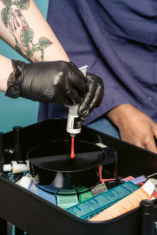 a man getting a tattoo on his arm, a silk screen, by Jason Benjamin, shutterstock, process art, blood collection vials, vantablack, vibrant cmyk dye overpainting, coating a stubborn core.'