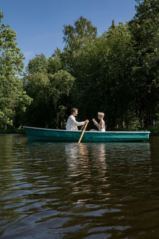 a man and a woman in a boat on a lake, a picture, by Jan Tengnagel, berlin park, lake blue, helmond, a green