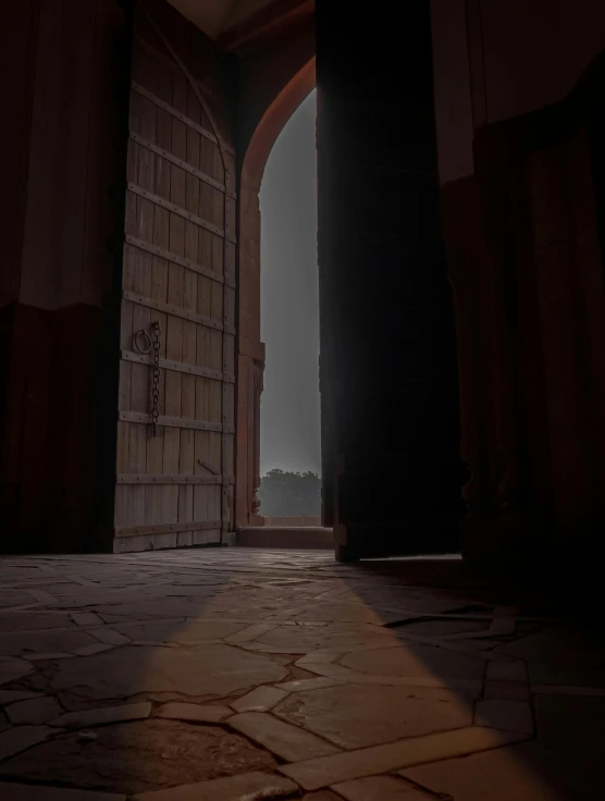 an open door leading into a dark room, a matte painting, pexels contest winner, shading unreal engine 5, standing in a church, shadow and light, ( ( theatrical ) )