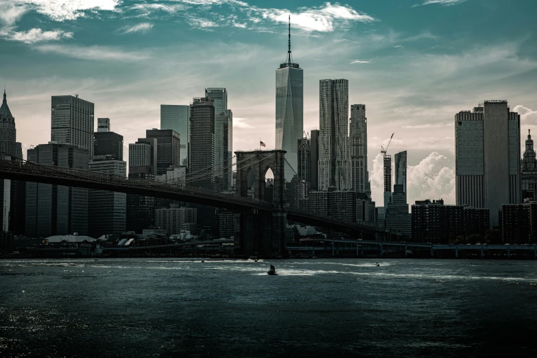 a bridge over a body of water with a city in the background, pexels contest winner, hudson river school, metropolis filmic gotham city, apocalyptic city, tall skyscrapers, a quaint