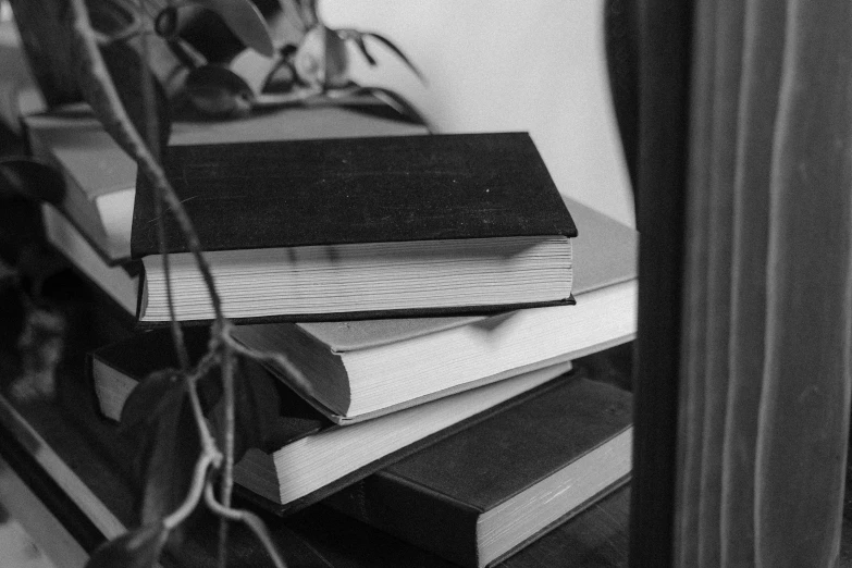 a stack of books sitting on top of a table, a black and white photo, unsplash, vanitas, fungal pages, a portrait of @hypnos_onc, an overgrown library, portrait image