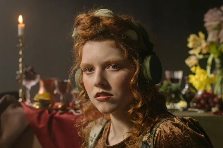 a woman with headphones sitting in front of a table, inspired by Gerrit Dou, trending on pexels, renaissance, ginger. art nouveau, cinematic outfit photo, wearing a laurel wreath, cinestill colour cinematography