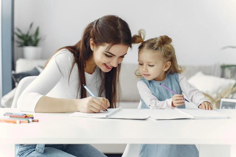 a woman and a little girl sitting at a table, a child's drawing, academic art, 15081959 21121991 01012000 4k, super cute and friendly, writing in journal, the mome raths outgrabe