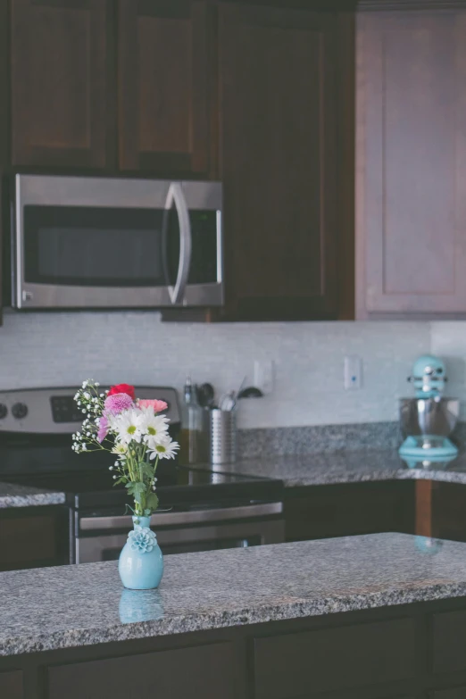 a kitchen counter with a vase of flowers on it, pexels contest winner, brown and cyan color scheme, neighborhood, oven, granite