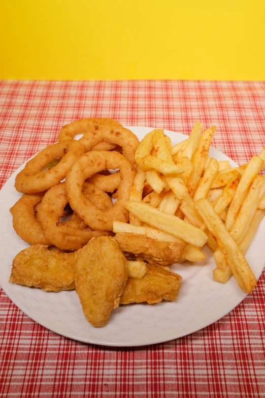 a white plate topped with french fries and onion rings, fish hooks, high quality product image”, different sizes, chicken