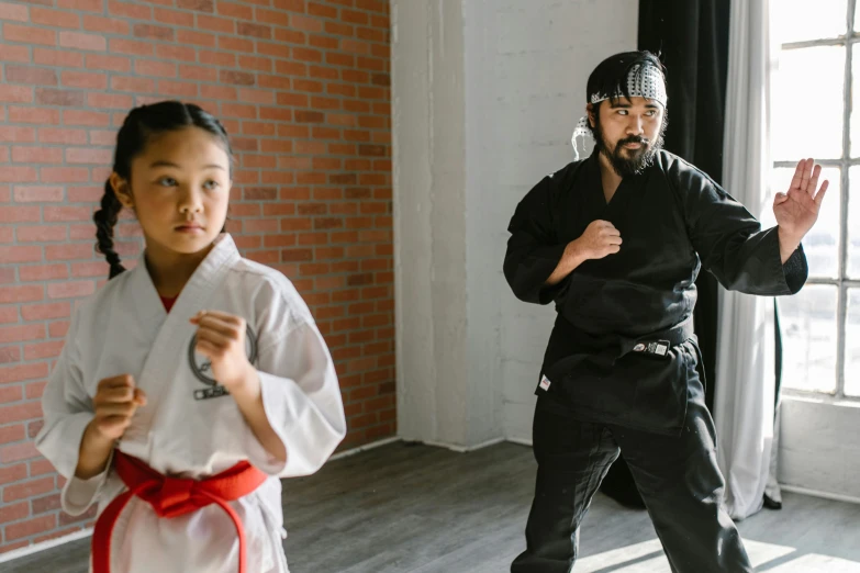 a couple of people that are standing in a room, doing martial arts, profile image, kids, black