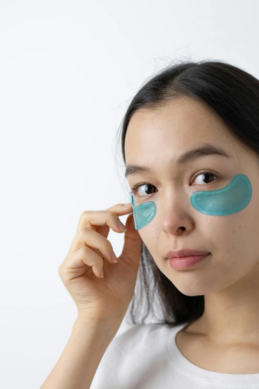 a woman putting eyeliners on her eyes, lineart, by Tadashi Nakayama, hurufiyya, sleek oled blue visor for eyes, wearing facemask and sunglasses, teal, medium-shot