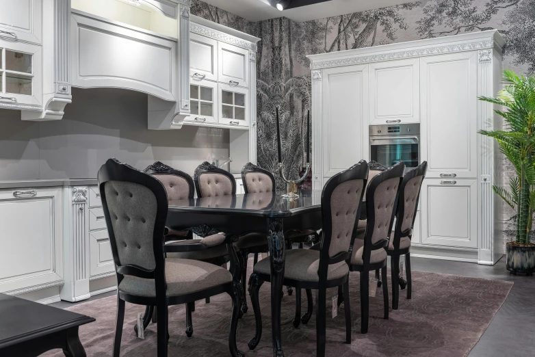 a dining room with a table and chairs, inspired by Albert Paris Gütersloh, pexels contest winner, baroque, luxury bespoke kitchen design, thumbnail, cupboards, hd footage