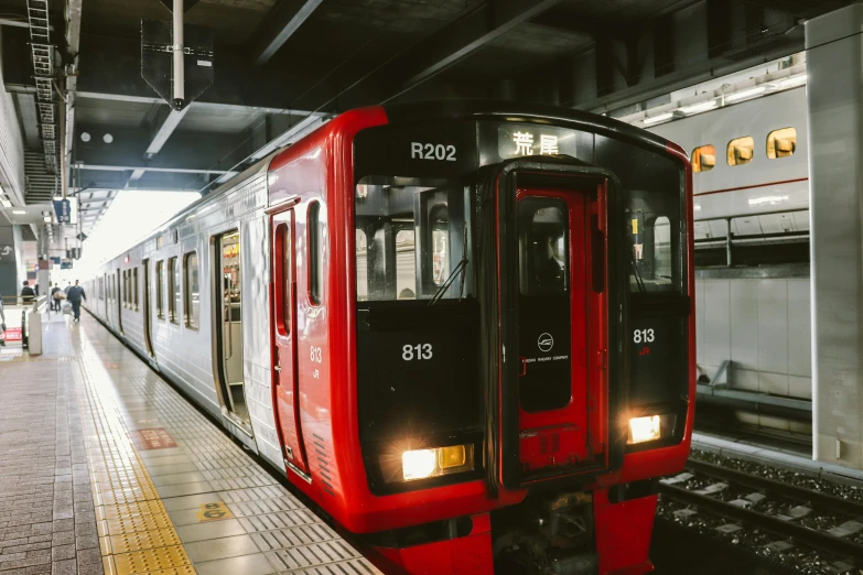 a red and black train pulling into a train station, unsplash, sōsaku hanga, instagram post, underground, system unit, 🚿🗝📝