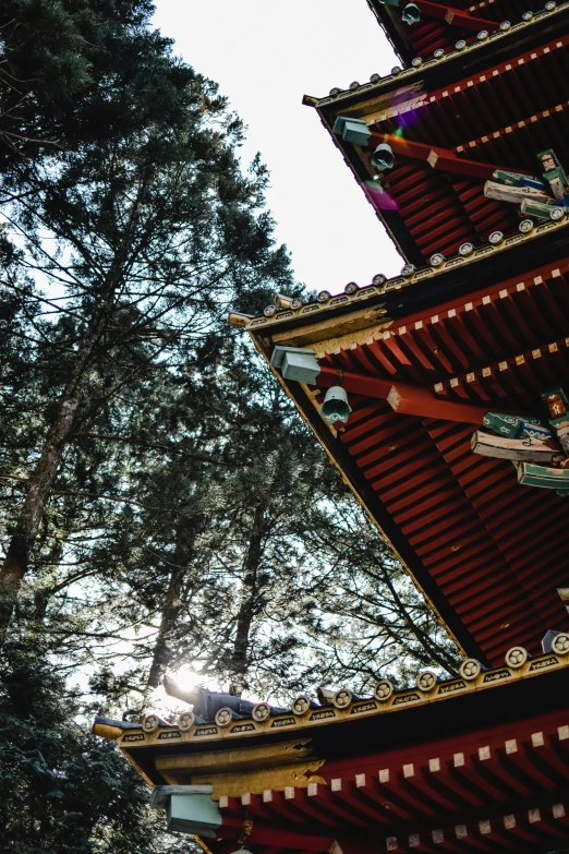 a tall pagoda sitting in the middle of a forest, inspired by Itō Jakuchū, unsplash contest winner, with roulettes in the roof, sparkling in the sunlight, shot from roofline, 2 5 6 x 2 5 6 pixels