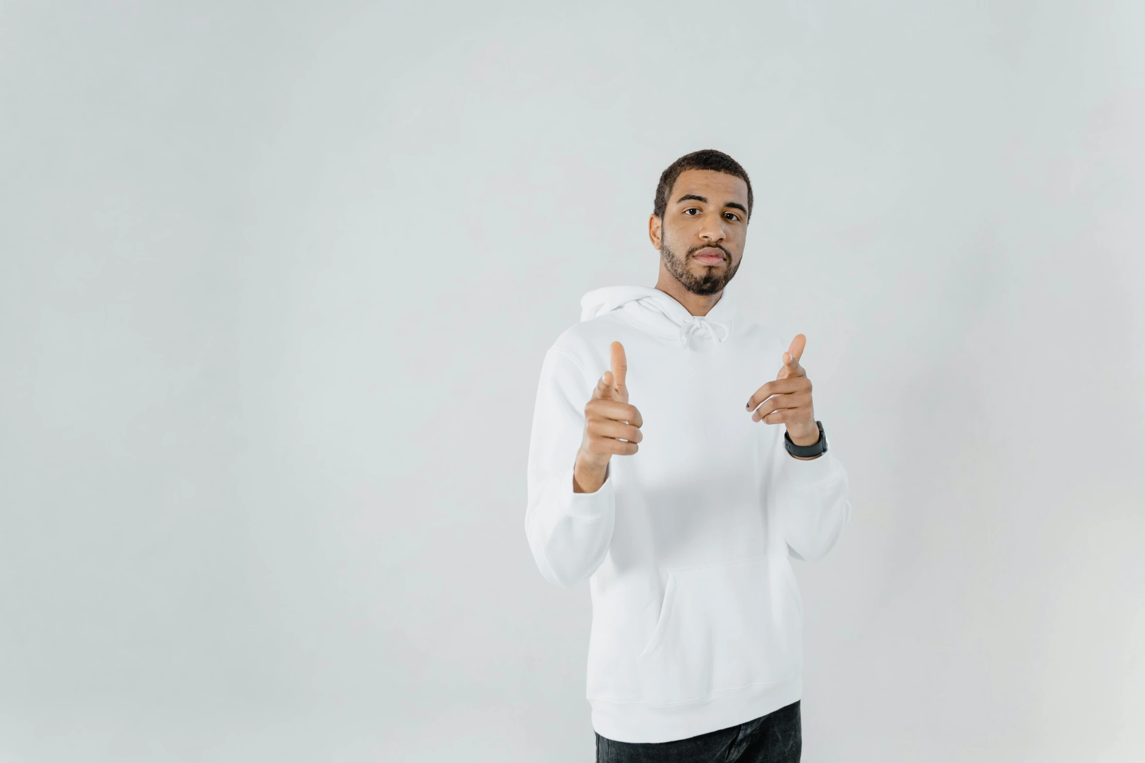 a man in a white hoodie giving a thumbs up, pexels contest winner, les nabis, white backdrop, gif, background image, ready to model