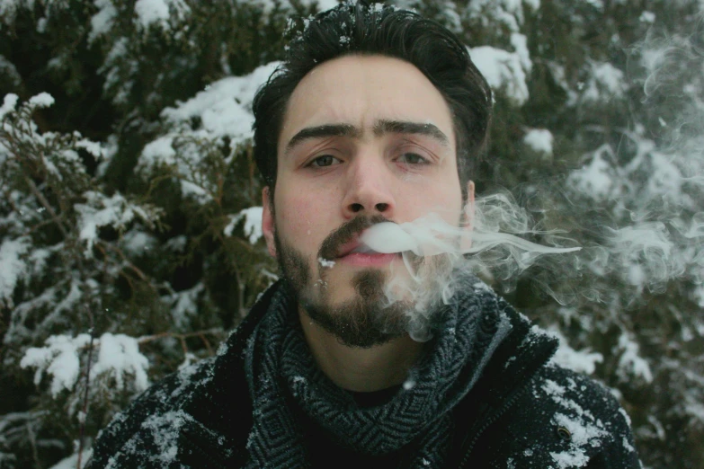 a man smokes a cigarette in the snow, pexels contest winner, harry potter smoking weed, halfbody headshot, avatar image, lumberjack