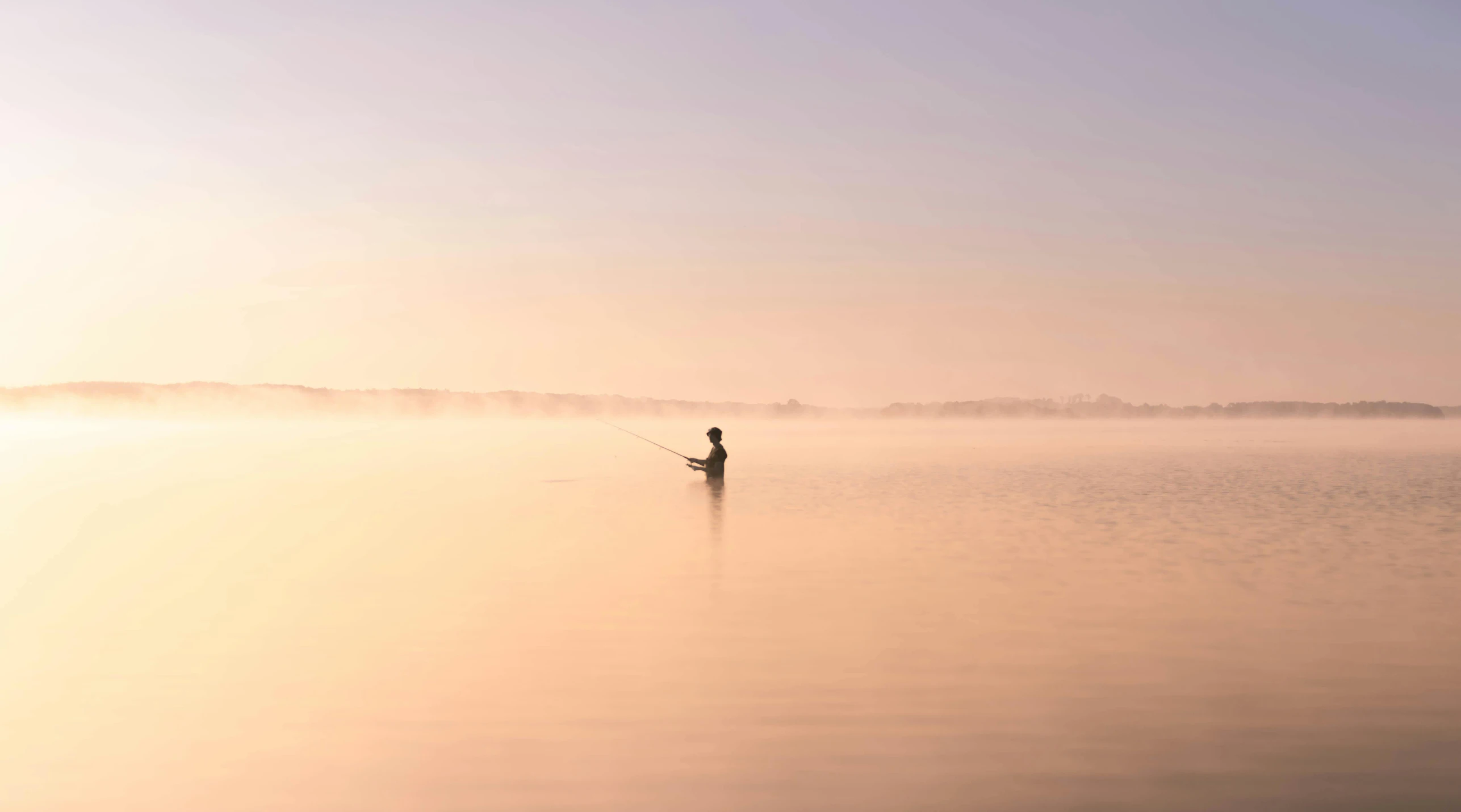 a person on a boat in a body of water, pexels contest winner, minimalism, light pink mist, fishing pole, farming, soft glow