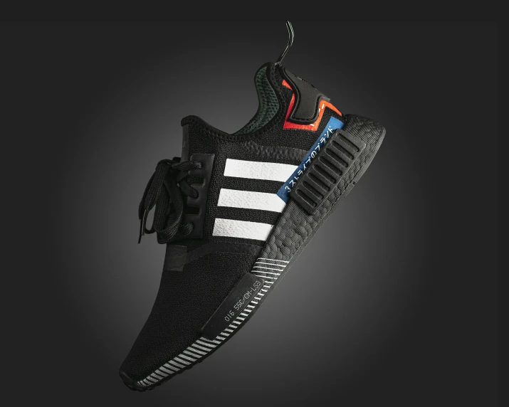 the adi nm nm nm nm nm nm nm nm nm nm nm nm nm nm nm nm, a digital rendering, by Carey Morris, unsplash, bauhaus, futuristic sneakers, dark mode, 🔥 😎 🕹️ 👀 :2, black stripes