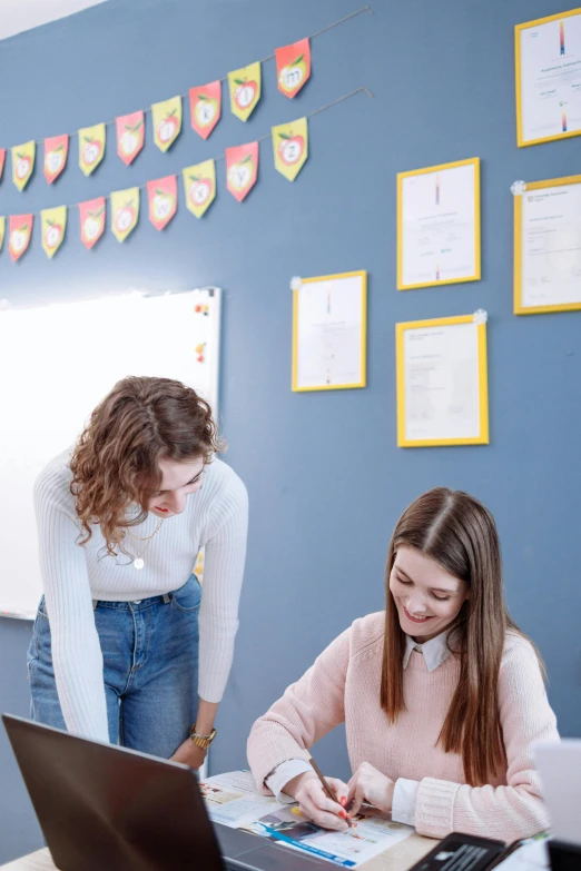 a couple of women sitting at a table with a laptop, a cartoon, trending on pexels, danube school, blue theme and yellow accents, standing in class, whiteboards, mary jane ansell