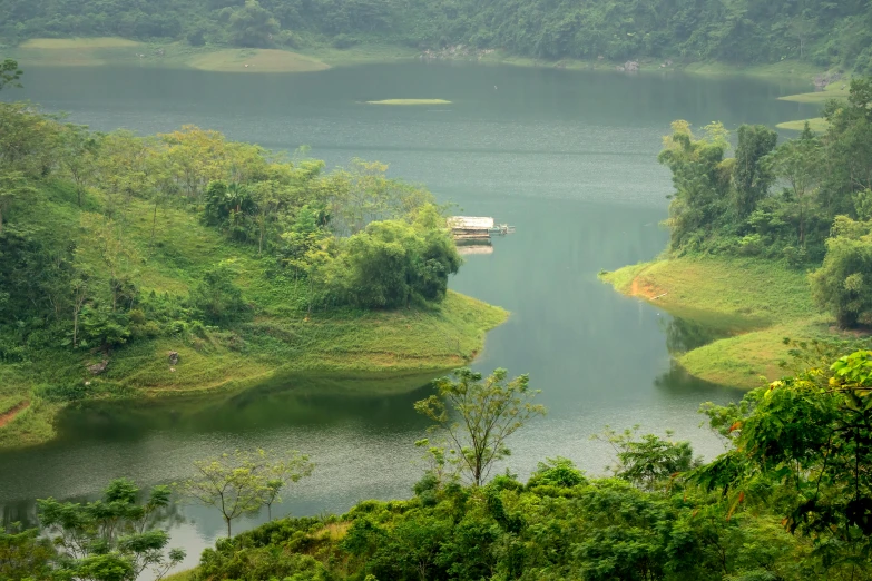 a large body of water surrounded by trees, inspired by Tadao Ando, pexels contest winner, sumatraism, vietnam, lake scene, shipibo, lush valley