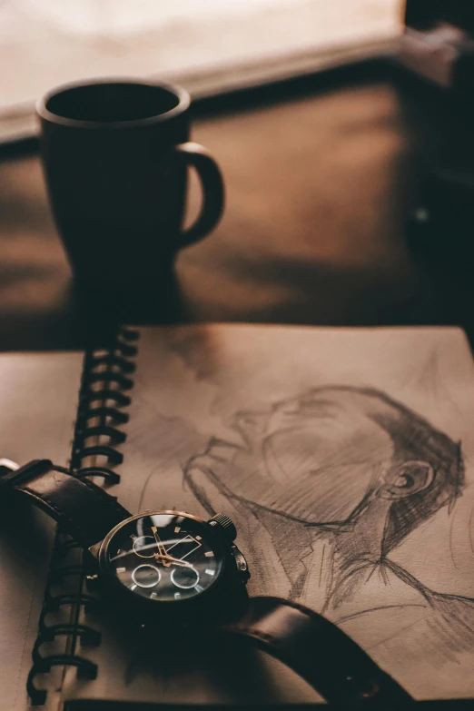 a watch sitting on top of a notebook next to a cup of coffee, a charcoal drawing, trending on pexels, process art, profile portrait, menacing look, art student, tattoo sketch