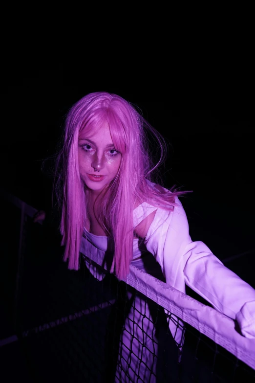 a woman with pink hair leaning over a fence, inspired by Elsa Bleda, renaissance, long white hair and bangs, nightlife, movie still of the alien girl, looking towards the camera