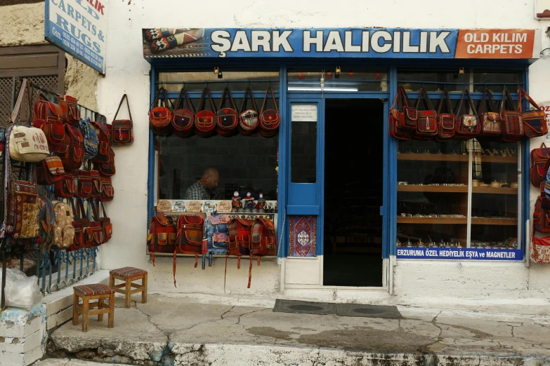 a store called sark halchik on the corner of a street, by Daniel Lieske, bags, turkey, indigo and venetian red, ground - level medium shot