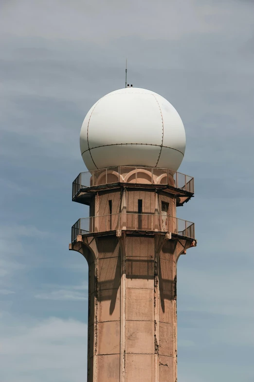 a tall tower with a white dome on top of it, satelite imagery, bird sight, partially operational, large globe