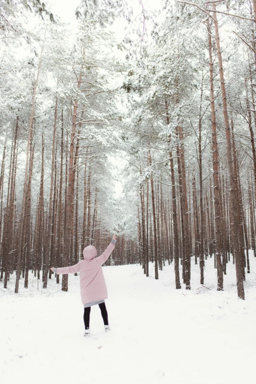 a person standing in the middle of a snowy forest, spreading her wings, in russia, travel, trees!!