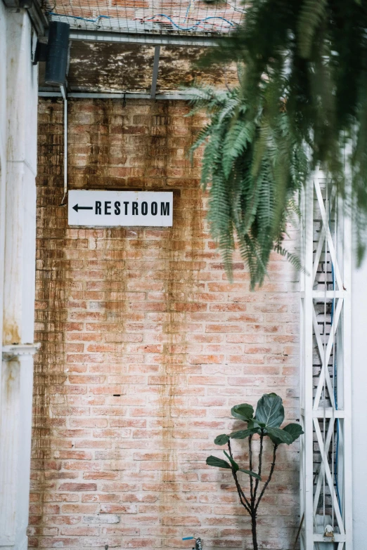 a motorcycle parked in front of a brick building, trending on unsplash, modernism, in a bathroom, sign, fern, a 35mm photo