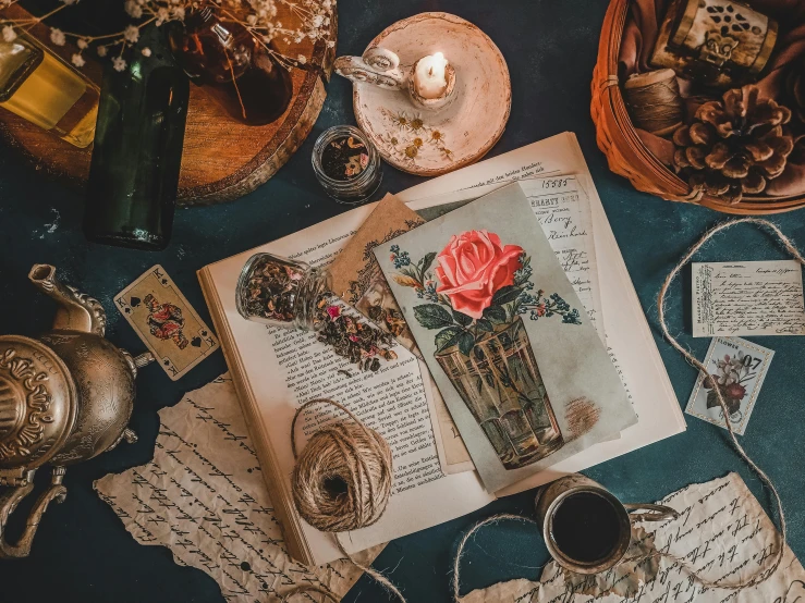 an open book sitting on top of a table, a still life, pexels contest winner, rose twining, crafting spells, avatar image, botanicals