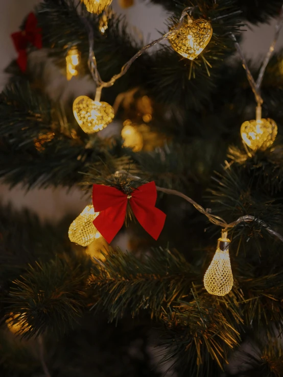 a close up of a christmas tree with lights, pexels contest winner, art nouveau, hearts, golden dapple lighting, ecommerce photograph, ultra detailed wire decoration