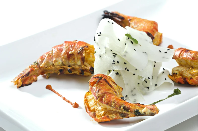 a close up of a plate of food on a table, crustacean, jasmine, listing image, exterior