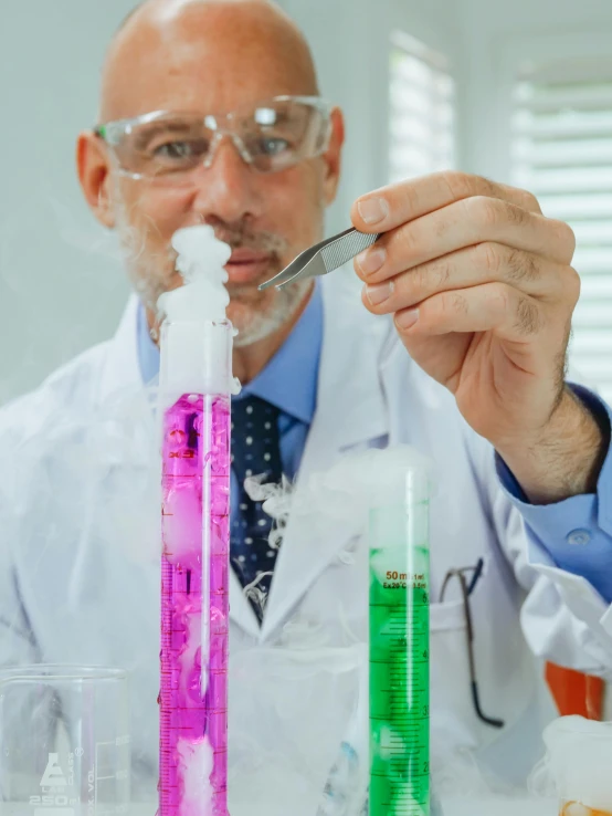 a man in a lab coat holding a spoon, smoke grenades, 🚀🌈🤩, liquid that has a viscous, steroid use