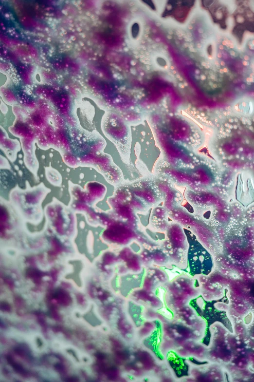 a close up of a cell phone on a table, a microscopic photo, by Rachel Reckitt, purple and green colors, pathology, iron, high quality photo