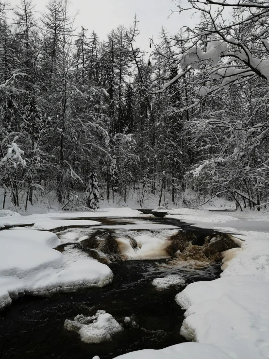 a stream running through a snow covered forest, inspired by Eero Järnefelt, pexels contest winner, hurufiyya, an eerie whirlpool, low quality photo, next to a small river, sandfalls